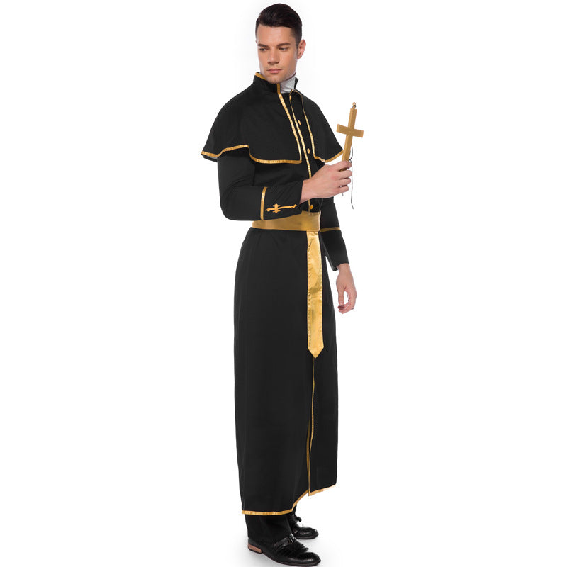 Men's Vintage Black Robe Performance Costume Stage Drama Outfit, Halloween Party Costume, Masquerade Ball Cosplay Clothing
