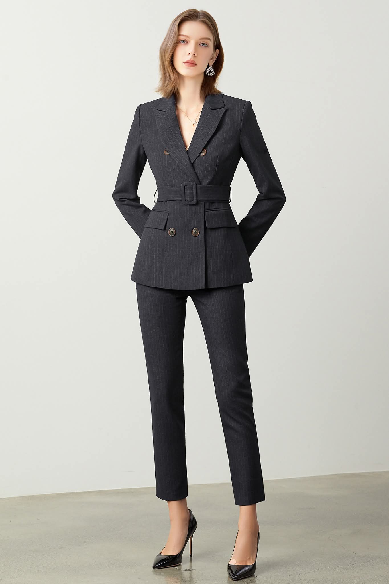 The Noir Élan Belted Stripped Suit