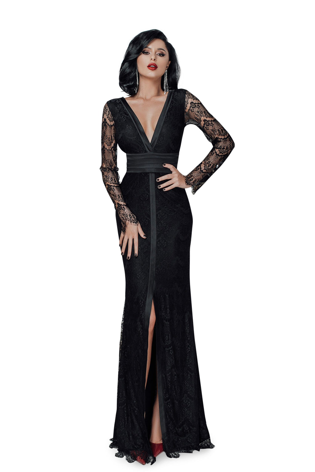 elegant formal black dress with silky detaling and long sleeves