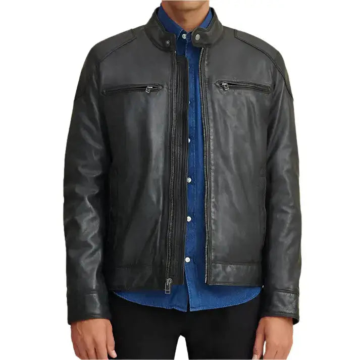Men’s Leather Motorcycle Jacket with Shoulder Patches
